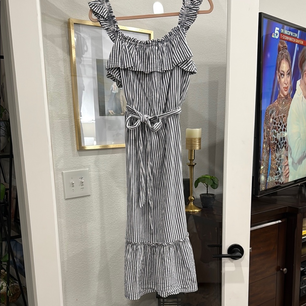 Michael Kors Navy and White Sleeveless Midi Sundress large ruffle
